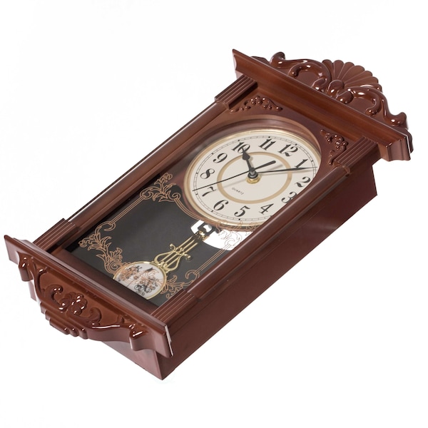 Quickway Imports Vintage Grandfather Wood- Looking Plastic Pendulum Wall Clock for Living, Kitchen, or Dining, Brown - QI004145.BN