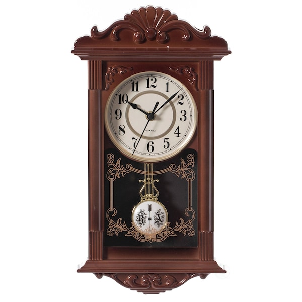 Quickway Imports Vintage Grandfather Wood- Looking Plastic Pendulum Wall Clock for Living, Kitchen, or Dining, Brown - QI004145.BN