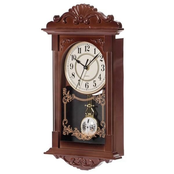 Quickway Imports Vintage Grandfather Wood- Looking Plastic Pendulum Wall Clock for Living, Kitchen, or Dining, Brown - QI004145.BN