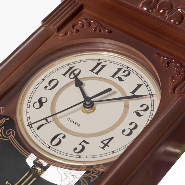 Quickway Imports Vintage Grandfather Wood- Looking Plastic Pendulum Wall Clock for Living, Kitchen, or Dining, Brown - QI004145.BN