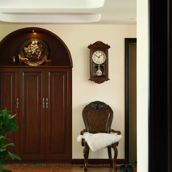 Quickway Imports Vintage Grandfather Wood- Looking Plastic Pendulum Wall Clock for Living, Kitchen, or Dining, Brown - QI004145.BN