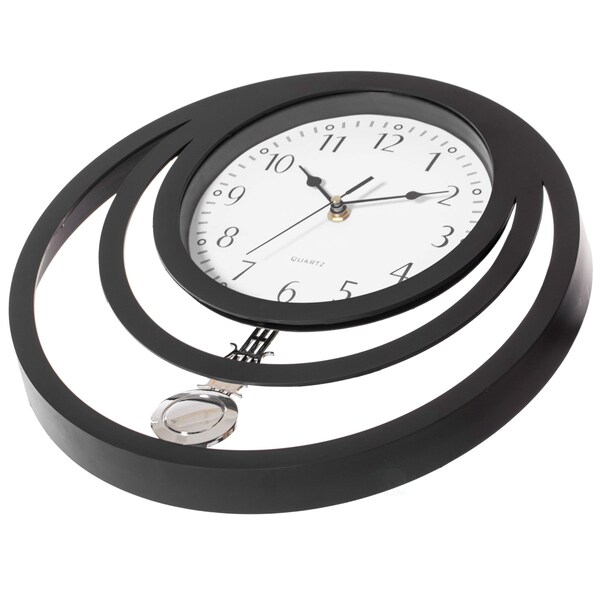 Quickway Imports Decorative Modern Round Plastic Wall Clock with Circles, for Living, Kitchen, or Dining, Black - QI004147.BK