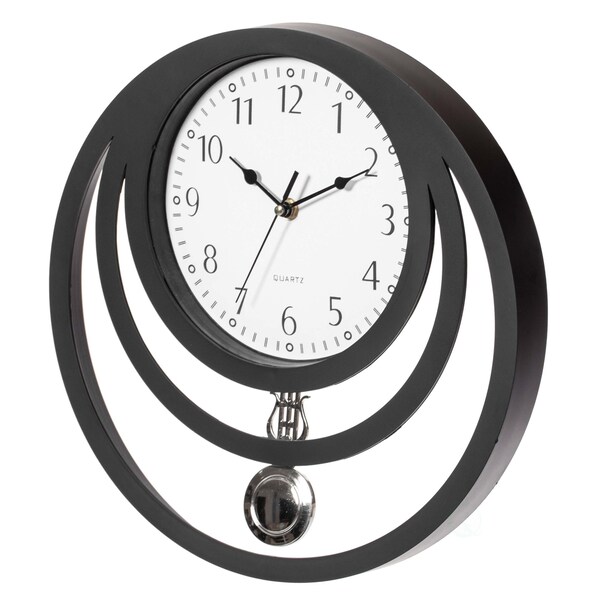 Quickway Imports Decorative Modern Round Plastic Wall Clock with Circles, for Living, Kitchen, or Dining, Black - QI004147.BK