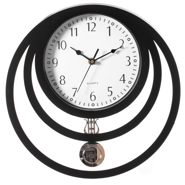 Quickway Imports Decorative Modern Round Plastic Wall Clock with Circles, for Living, Kitchen, or Dining, Black - QI004147.BK