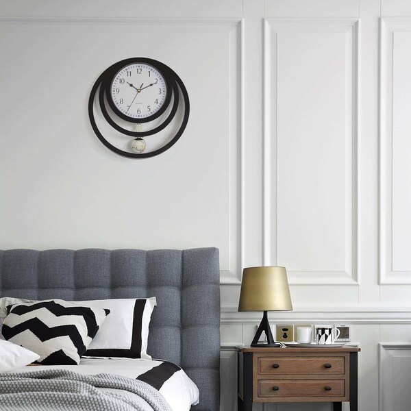 Quickway Imports Decorative Modern Round Plastic Wall Clock with Circles, for Living, Kitchen, or Dining, Black - QI004147.BK