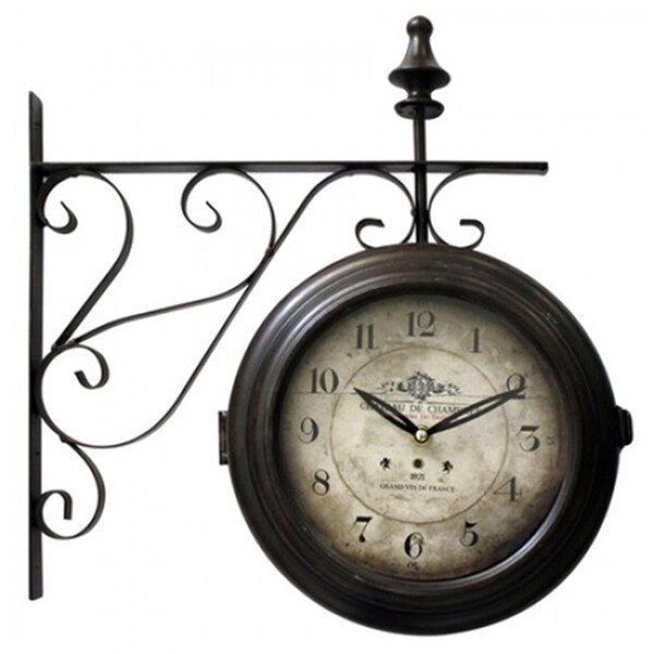 Yosemite Home Decor Double Sided Iron Wall Clock with Black Iron Frame Wall Mount Holder Glass - CLKA1B359