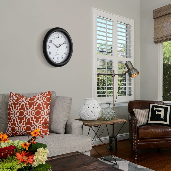 Clockswise Decorative Classic Black Round Wall Clock For Living Room, Kitchen, Dining Room, Plastic - QI004510.BK