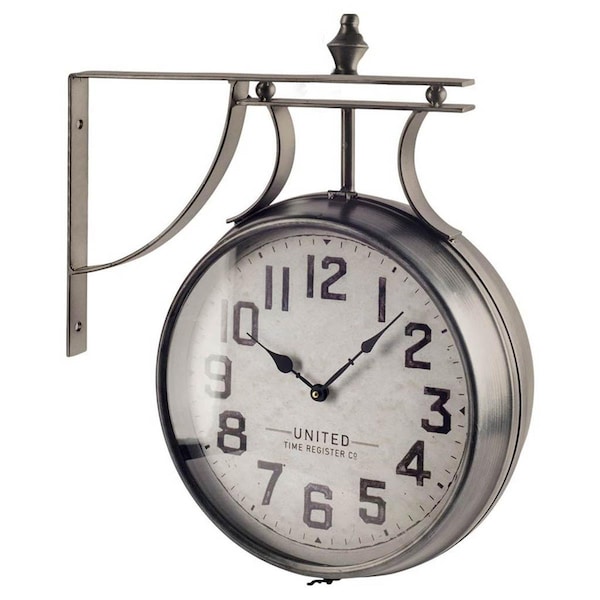 Diario 19 in. Large Round Industrial Style Wall Clock with Two Clock Faces Silver Frame - DI3666393