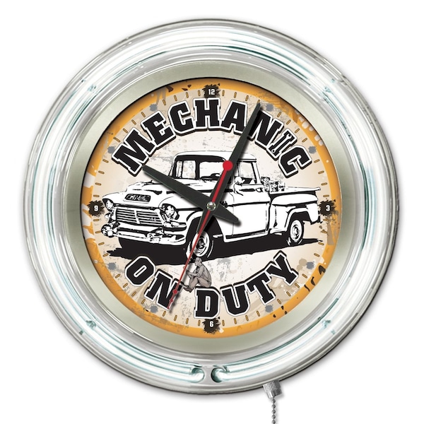 Holland Bar Stool Co Mechanic on Duty Double Neon Ring, 15" dia. Logo Clock - CLK15MCHNIC