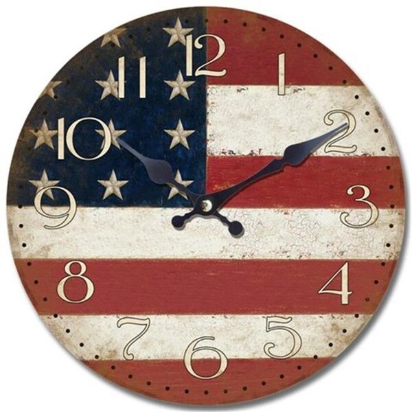 Yosemite Home Decor YOSEMITE HOME DECOR CLKA7189 Circular Wooden Wall Clock with American Flag Print - CLKA7189