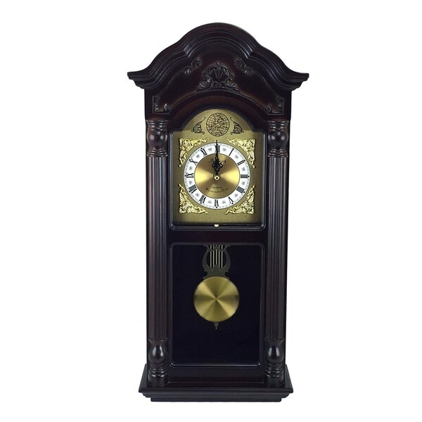 Bedford Clock Collection 25.5 in. Antique Mahogany Cherry Oak Chiming Wall Clock with Roman Numerals - BED-9018