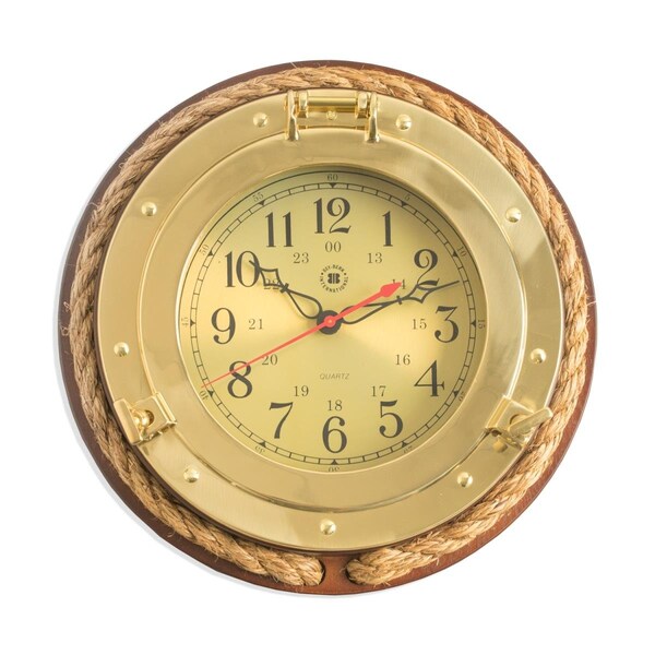 Alegria International  Brass Porthole Quartz Clock with Fishermans Rope on Dark Cherry Wood & Gold - AL3353750