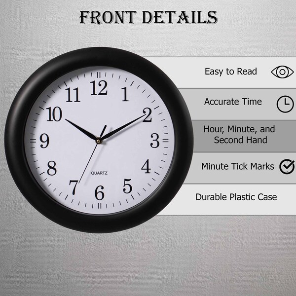 Clockswise 13.75-in. Plastic Black Round Silent, Non-Ticking Battery Operated Modern Analog Wall Clock, 2PK - QI004510.BK.2