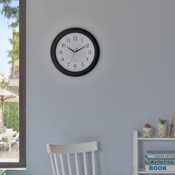 Clockswise 13.75-in. Plastic Black Round Silent, Non-Ticking Battery Operated Modern Analog Wall Clock, 2PK - QI004510.BK.2