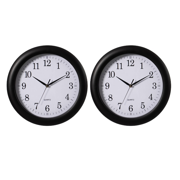 Clockswise 13.75-in. Plastic Black Round Silent, Non-Ticking Battery Operated Modern Analog Wall Clock, 2PK - QI004510.BK.2