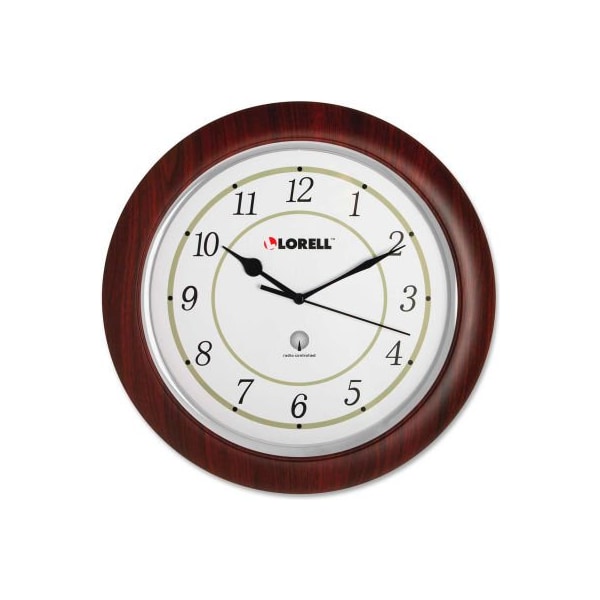 Lorell Lorell 13-1/4" Round Radio Controlled Wall Clock, Wood Case, Mahogany - 60986
