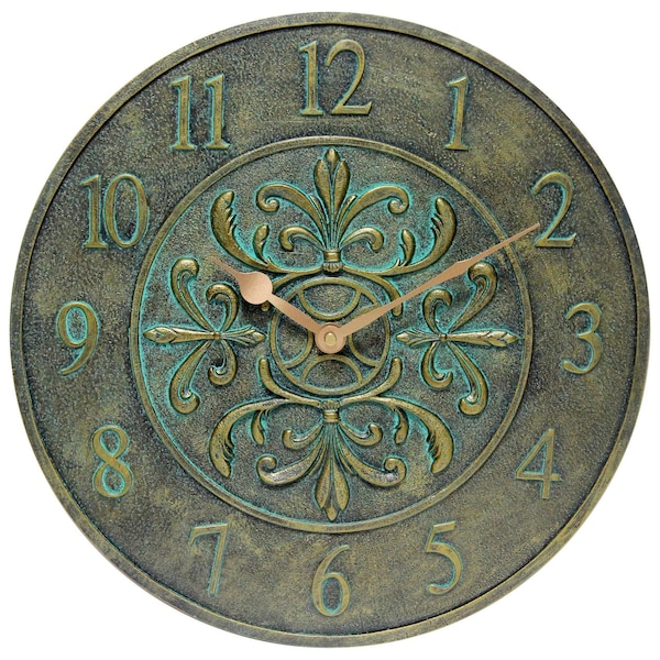 Infinity Instruments Blanc Fleur Aged Bronze Clock - 15in Round Aged Bronze Finish Case, Water Resistant - 13377BZ-C