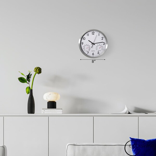 Clockswise 8-Inch Non-Ticking Quartz Wall Clock with Thermometer & Hygrometer - Battery Operated - QI004747.SI.8