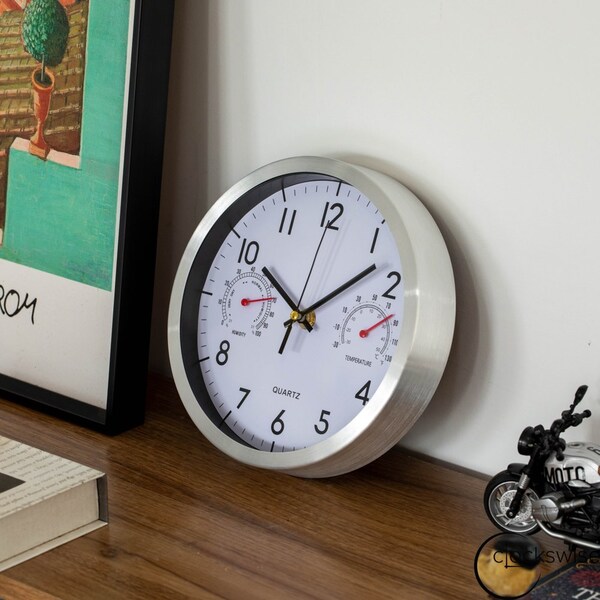 Clockswise 8-Inch Non-Ticking Quartz Wall Clock with Thermometer & Hygrometer - Battery Operated - QI004747.SI.8
