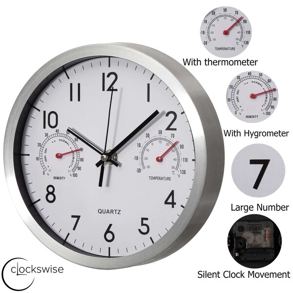 Clockswise 8-Inch Non-Ticking Quartz Wall Clock with Thermometer & Hygrometer - Battery Operated - QI004747.SI.8