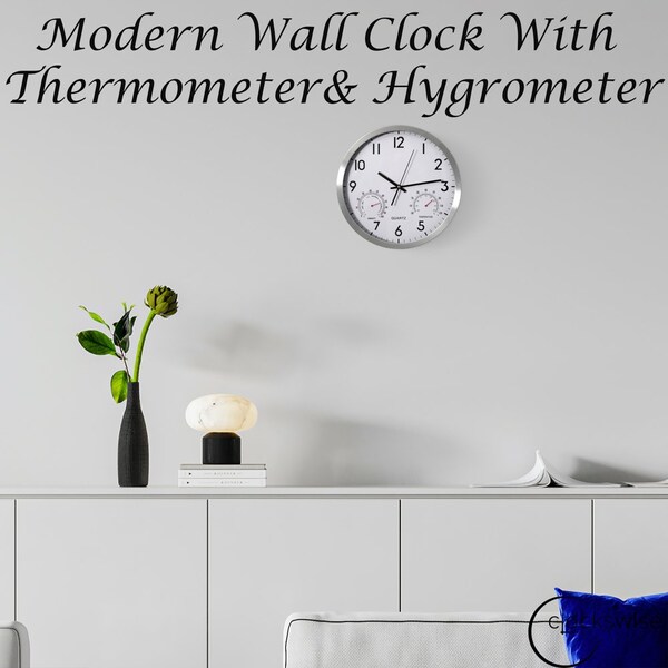Clockswise 8-Inch Non-Ticking Quartz Wall Clock with Thermometer & Hygrometer - Battery Operated - QI004747.SI.8