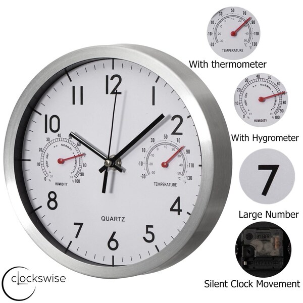 Clockswise 8-Inch Non-Ticking Quartz Wall Clock with Thermometer & Hygrometer - Battery Operated - QI004747.SI.8