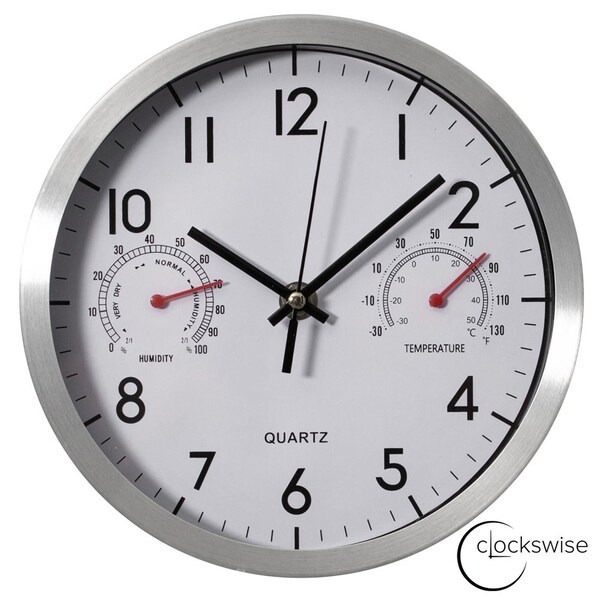 Clockswise 8-Inch Non-Ticking Quartz Wall Clock with Thermometer & Hygrometer - Battery Operated - QI004747.SI.8