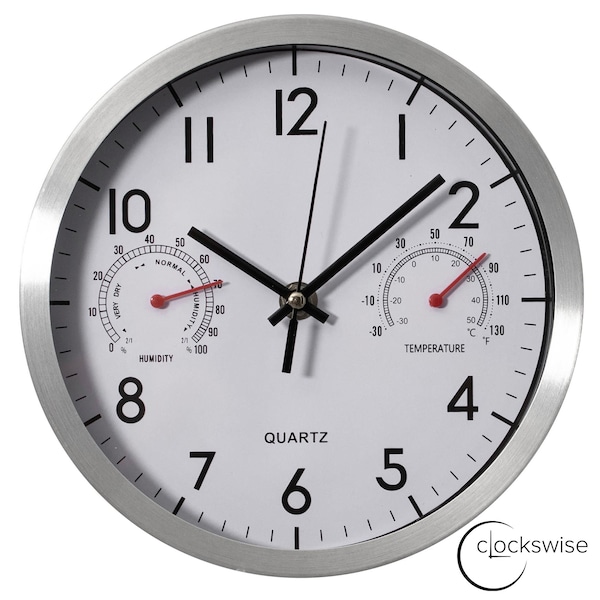 Clockswise 8-Inch Non-Ticking Quartz Wall Clock with Thermometer & Hygrometer - Battery Operated - QI004747.SI.8