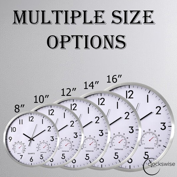 Clockswise 8-Inch Non-Ticking Quartz Wall Clock with Thermometer & Hygrometer - Battery Operated - QI004747.SI.8