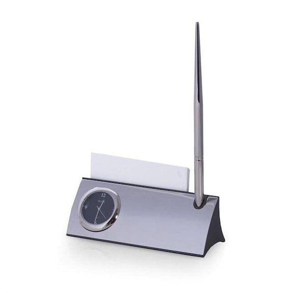 Bey Berk International Bey-Berk International  Silver Plated Desk Quartz Clock with Business Card Holder & Pen - D144