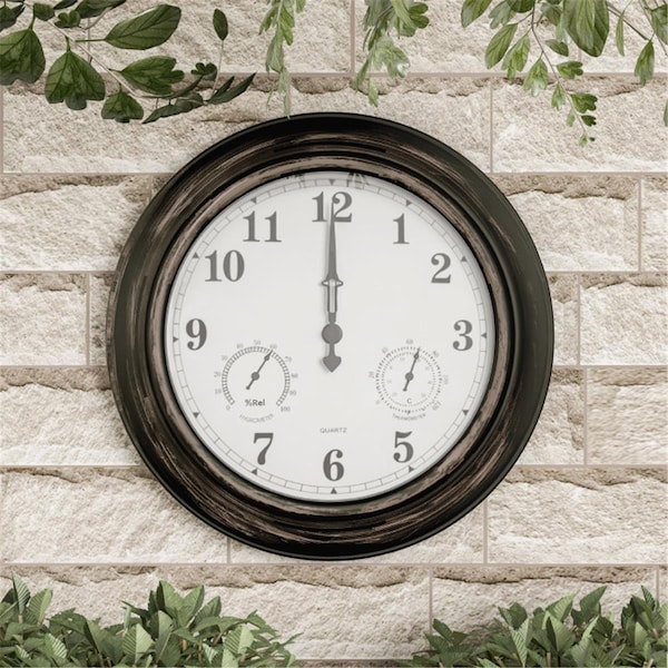 Pure Garden Wall Clock Thermometer-Indoor Outdoor Decorative - 18 in. - 50-LG1075