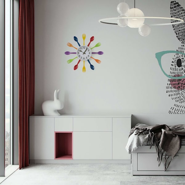 Quickway Imports Decorative 3D Cutlery Utensil Spoon and Fork Wall Clock for Kitchen, Playroom or Bedroom, Multicolor - QI004149.MC