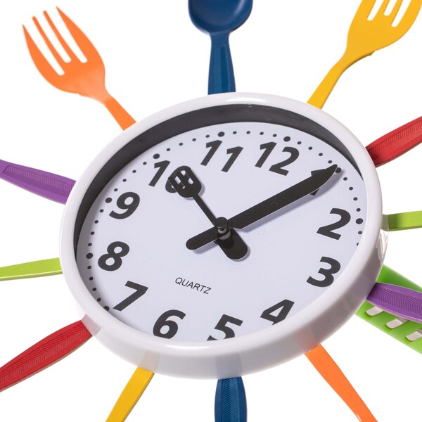Quickway Imports Decorative 3D Cutlery Utensil Spoon and Fork Wall Clock for Kitchen, Playroom or Bedroom, Multicolor - QI004149.MC