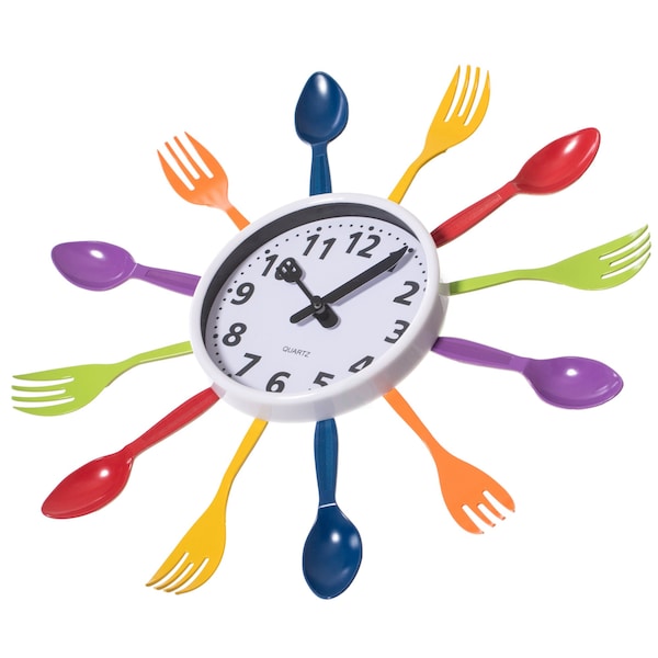 Quickway Imports Decorative 3D Cutlery Utensil Spoon and Fork Wall Clock for Kitchen, Playroom or Bedroom, Multicolor - QI004149.MC