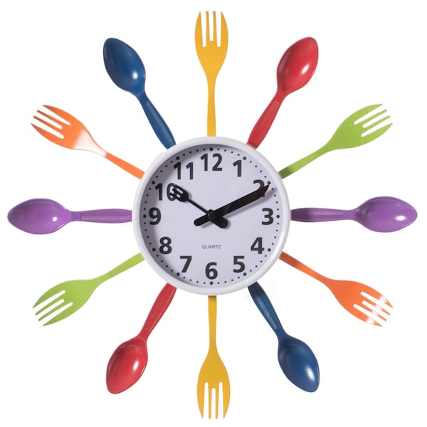 Quickway Imports Decorative 3D Cutlery Utensil Spoon and Fork Wall Clock for Kitchen, Playroom or Bedroom, Multicolor - QI004149.MC