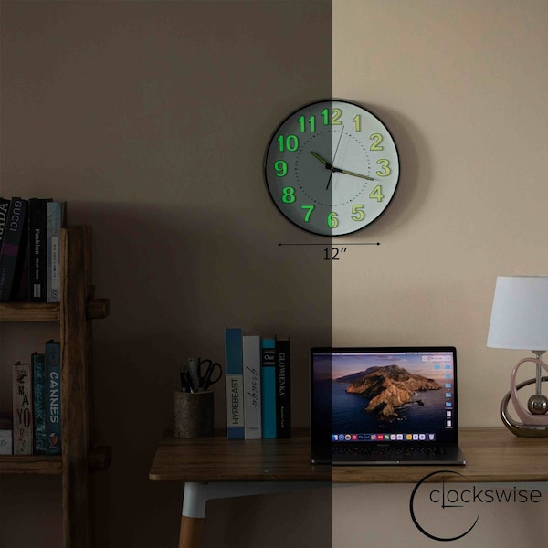 Clockswise 12-in Glow-in-the-Dark Decorative Wall Clock, Non-Ticking Battery Powered - Ideal for Living - QI004746.12