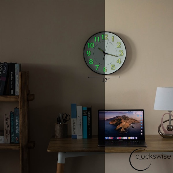 Clockswise 12-in Glow-in-the-Dark Decorative Wall Clock, Non-Ticking Battery Powered - Ideal for Living - QI004746.12