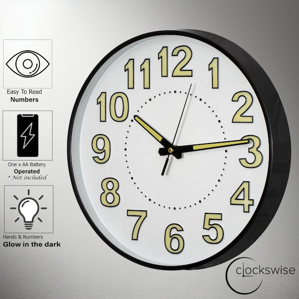 Clockswise 12-in Glow-in-the-Dark Decorative Wall Clock, Non-Ticking Battery Powered - Ideal for Living - QI004746.12