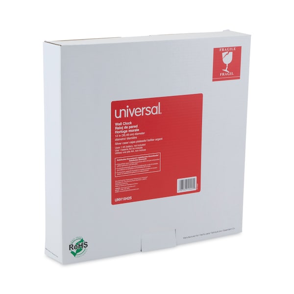 Universal Brushed Aluminum Wall Clock, 12" dia, Silver Case, 1 AA (sold sep) - UNV10425