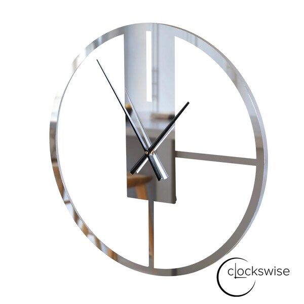Clockswise Modern Round Big Wall Clock with Mirror Face, Decorative Silver Metal 22.75-in. Oversize Timepiece - QI004635
