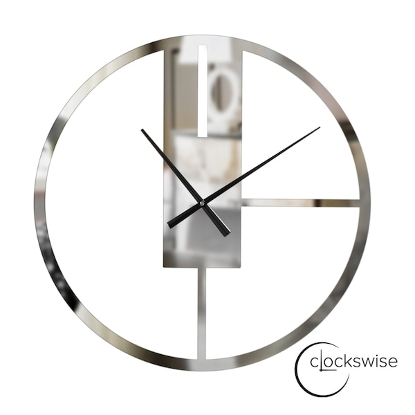 Clockswise Modern Round Big Wall Clock with Mirror Face, Decorative Silver Metal 22.75-in. Oversize Timepiece - QI004635
