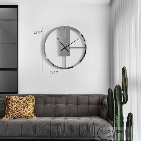 Clockswise Modern Round Big Wall Clock with Mirror Face, Decorative Silver Metal 22.75-in. Oversize Timepiece - QI004635