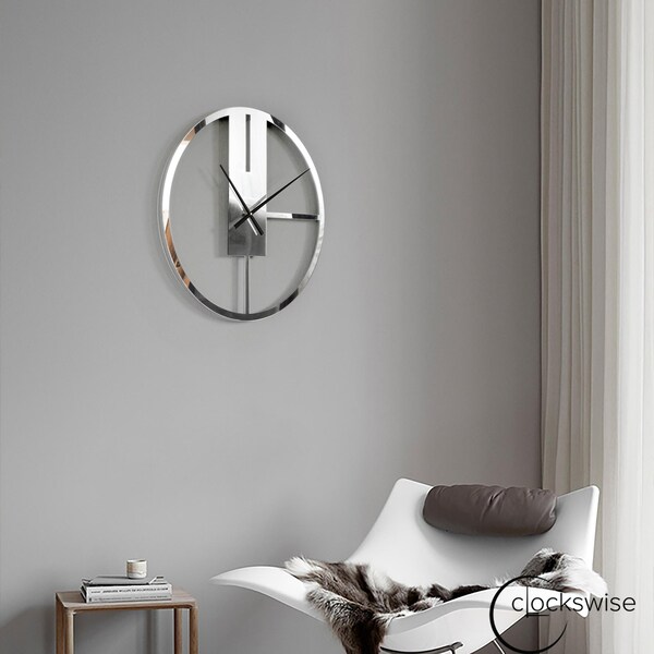Clockswise Modern Round Big Wall Clock with Mirror Face, Decorative Silver Metal 22.75-in. Oversize Timepiece - QI004635
