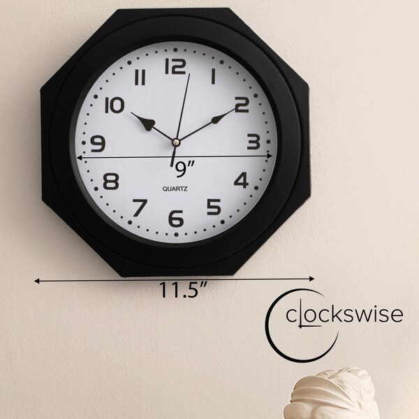 Clockswise 12-inch Non-Ticking Octagon Plastic Analog Wall Clock - Elegant Decorative Accent for Home - QI004143.BK