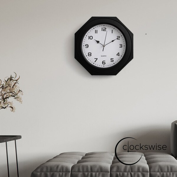 Clockswise 12-inch Non-Ticking Octagon Plastic Analog Wall Clock - Elegant Decorative Accent for Home - QI004143.BK