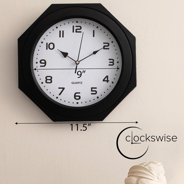 Clockswise 12-inch Non-Ticking Octagon Plastic Analog Wall Clock - Elegant Decorative Accent for Home - QI004143.BK