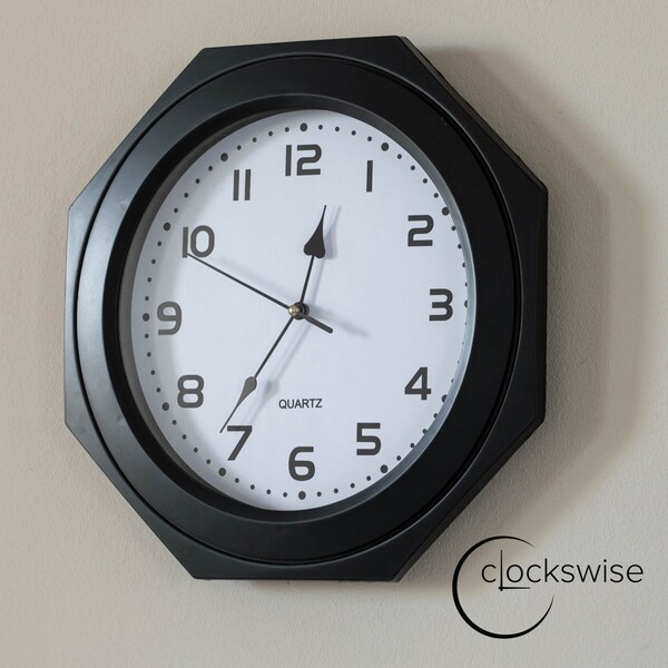 Clockswise 12-inch Non-Ticking Octagon Plastic Analog Wall Clock - Elegant Decorative Accent for Home - QI004143.BK