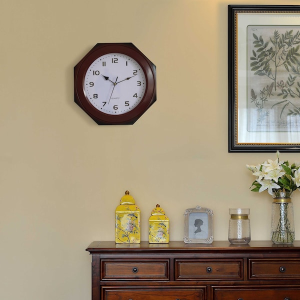 Clockswise Brown Modern Octagon Shaped Wood- Looking Plastic Wall Clock for Living, Kitchen, or Dining - QI004143
