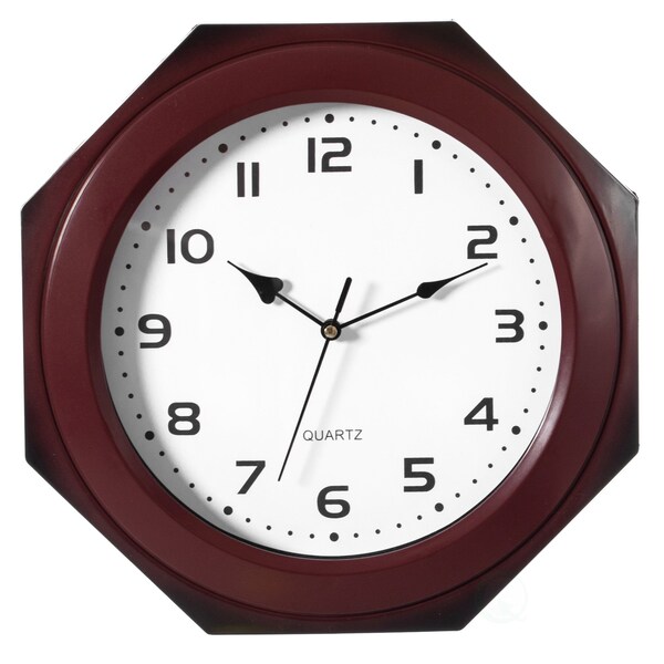 Clockswise Brown Modern Octagon Shaped Wood- Looking Plastic Wall Clock for Living, Kitchen, or Dining - QI004143