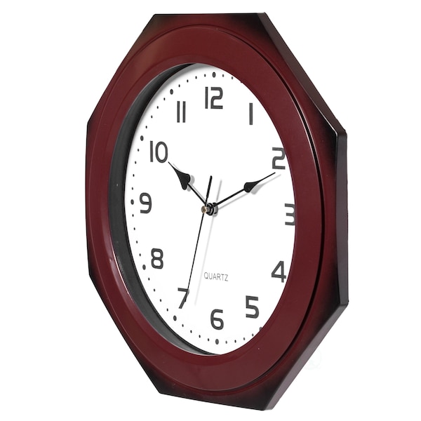 Clockswise Brown Modern Octagon Shaped Wood- Looking Plastic Wall Clock for Living, Kitchen, or Dining - QI004143